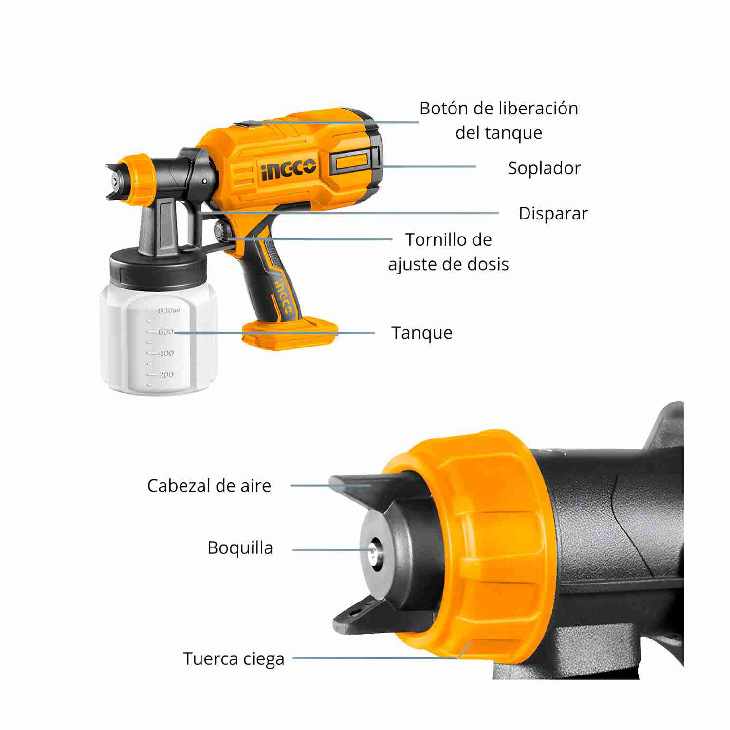 Pistola Pintar Inalámbrica 800 Ml + Taladro 20v 2.0 Ah Ingco - Imagen 4