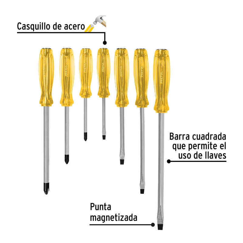Juego de 7 Desarmadores de Impacto Pretul J-DIMP-7 | 7 Piezas Resistentes para Tareas Pesadas - Imagen 3