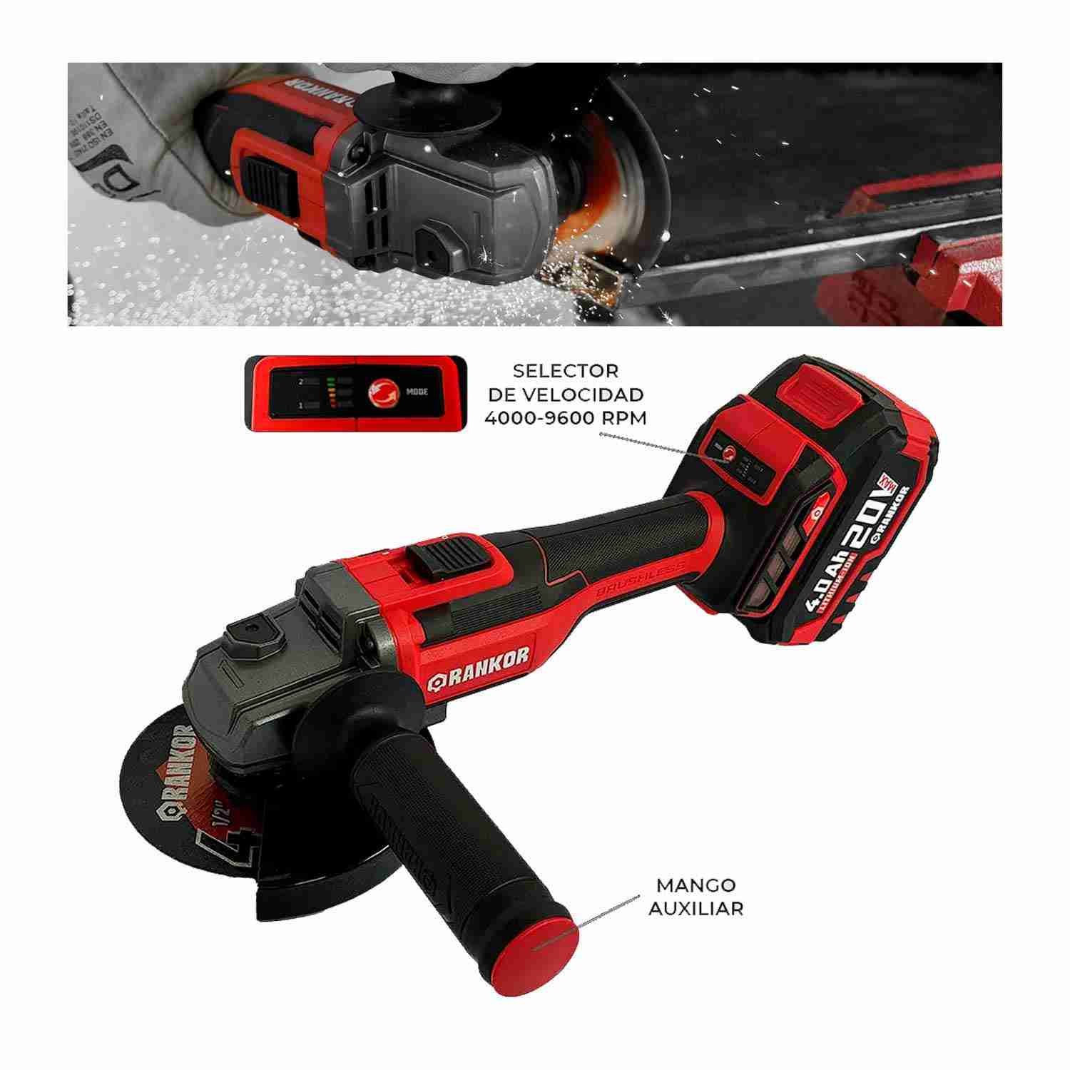 AMOLADORA ANGULAR 20V ESMERIL 5» RANKOR BRUSHLESS DISCOS - Imagen 3